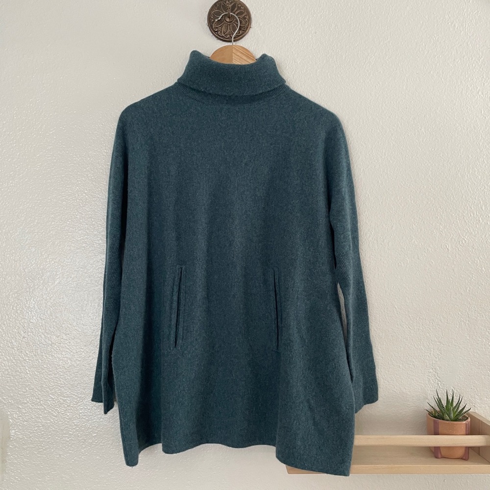 Garnet Hill Wool Cashmere Turtleneck Sweater Teal‎ Blue Green Pockets Small